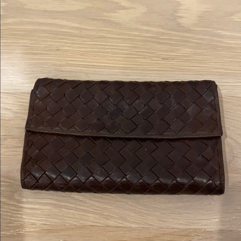 Brown leather woven fold over large wallet
